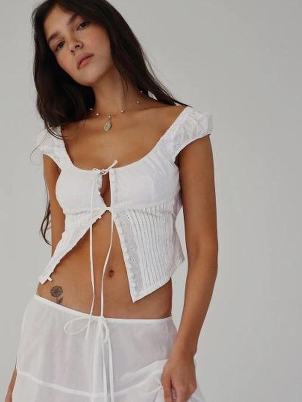 Mirror Palais White Eyelet Top with Cap Sleeves